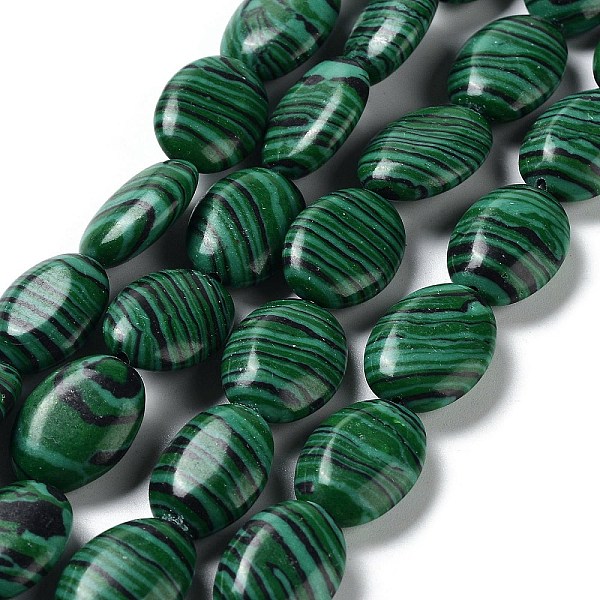 

PandaHall Synthetic Malachite Beads Strands, Flat Oval, 17.5~18x12.5~13x6mm, Hole: 1.2mm, about 22pcs/strand, 15.55''(39.5cm) Malachite Oval
