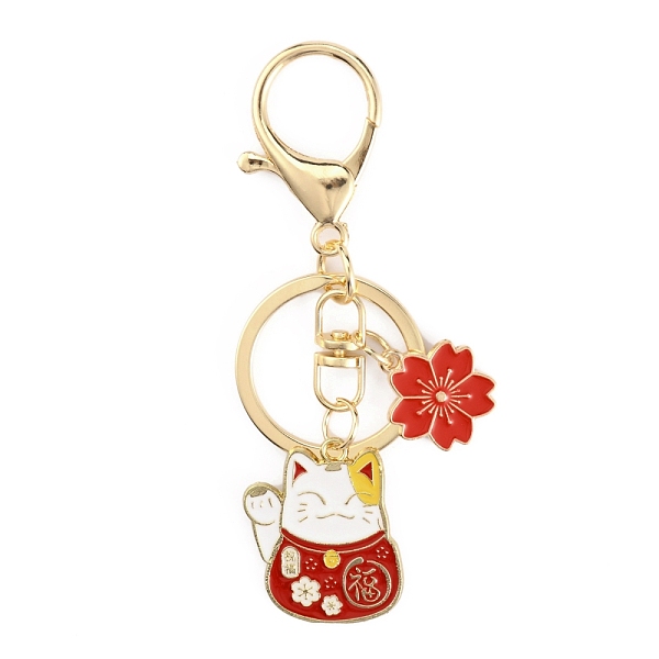 

PandaHall Chinese Style Alloy Enamel Keychains, with Iron Lobster Clasp and Rings, Cat with Flower, Red, 9.15cm Alloy Cat Shape Red