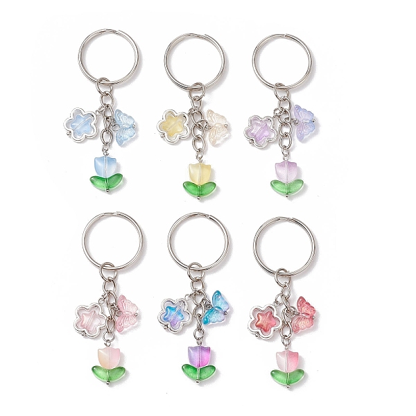 6 porte-clés en verre en forme de fleur et de papillon