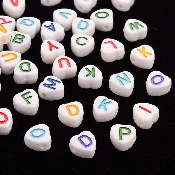 

PandaHall Opaque White Acrylic Beads, Horizontal Hole, Heart with Mixed Color Random Mixed Letters, 7x7x4mm, Hole: 1.5mm, about..., Multicolor