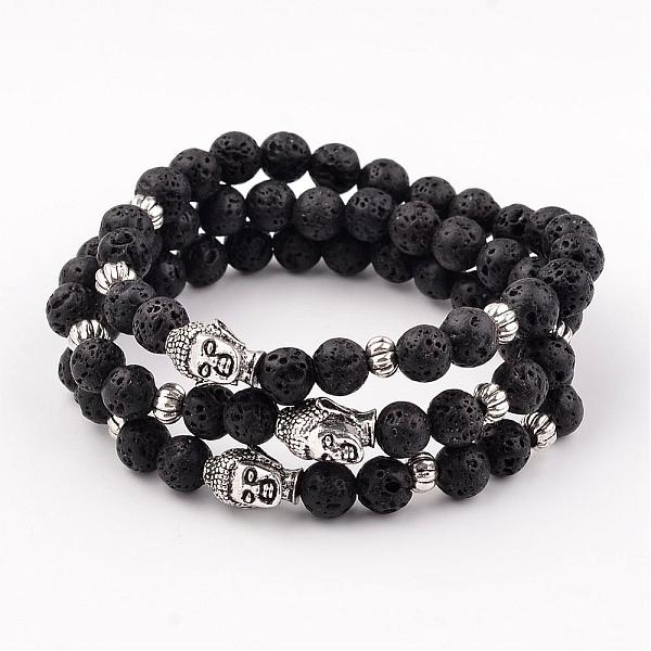

PandaHall Lava Rock Beaded Stretch Bracelets, with Buddha Head Alloy Beads, Antique Silver, 57mm Lava Rock