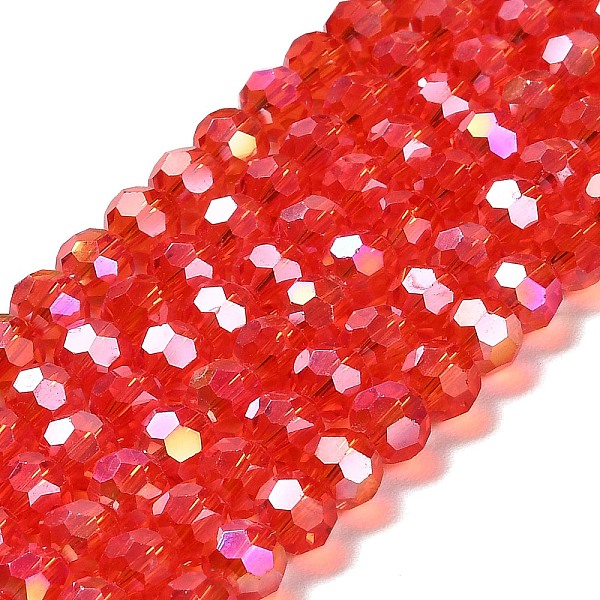 

PandaHall Transparent Glass Beads, 32 Facets, AB Color Plated, Round, Red, 6x5.5mm, Hole: 1.2mm, about 91~93pcs/strand, 19.57''~19.92''...