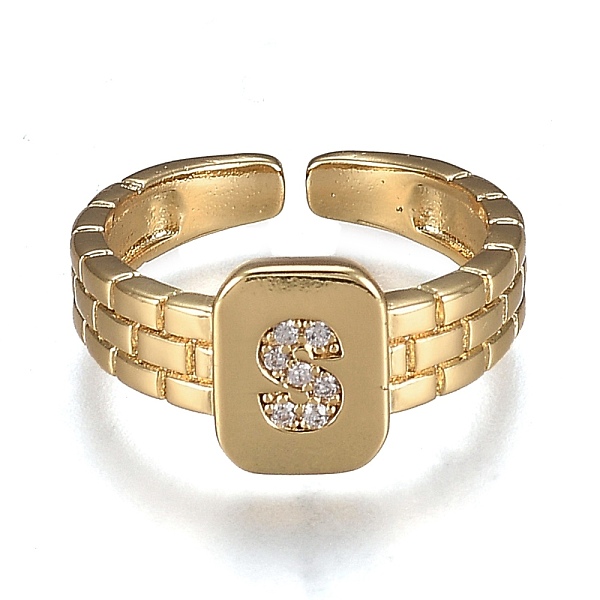 

PandaHall Brass Micro Pave Clear Cubic Zirconia Cuff Rings, Open Rings, Cadmium Free & Lead Free, Rectangle, Golden, Letter.S, US Size 6 1/4...