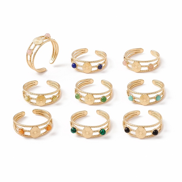 Natural Gemstone And Flat Round Open Cuff Ring