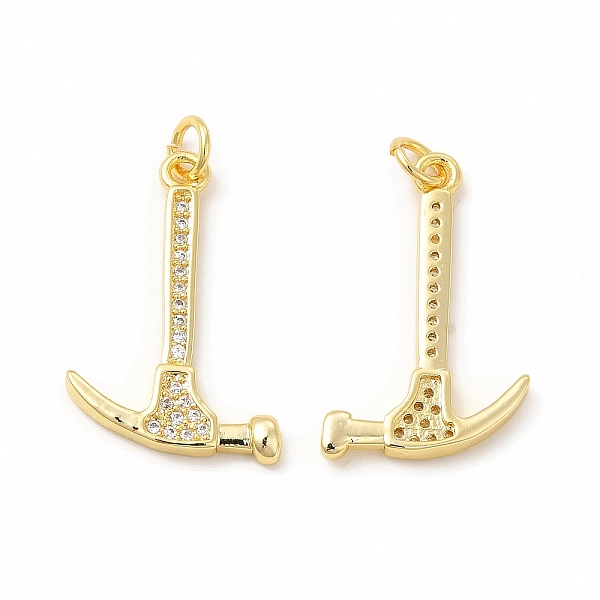 PandaHall Rack Plating Brass Micro Pave Cubic Zirconia Tool Pendants, Cadmium Free & Lead Free, Hammer Charm, with Jump Ring, Real 18K Gold...