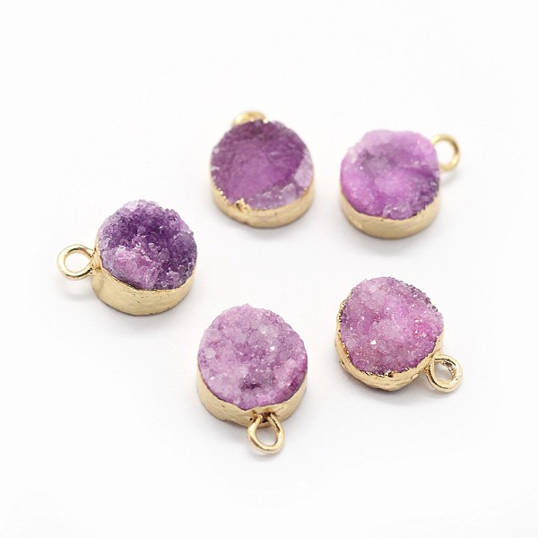 

PandaHall Natural Druzy Quartz Charms, with Brass Findings, Flat Round, Golden, Plum, 10~11x7~8x3~9mm, Hole: 2mm Quartz Flat Round Purple