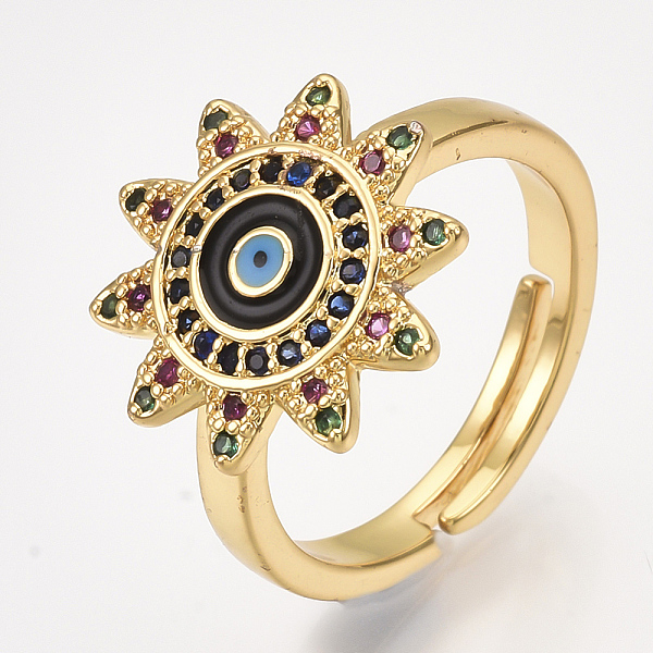 

PandaHall Adjustable Brass Micro Pave Cubic Zirconia Finger Rings, with Enamel, Sun with Eye, Black, Size 7, 17mm Brass+Cubic Zirconia Black