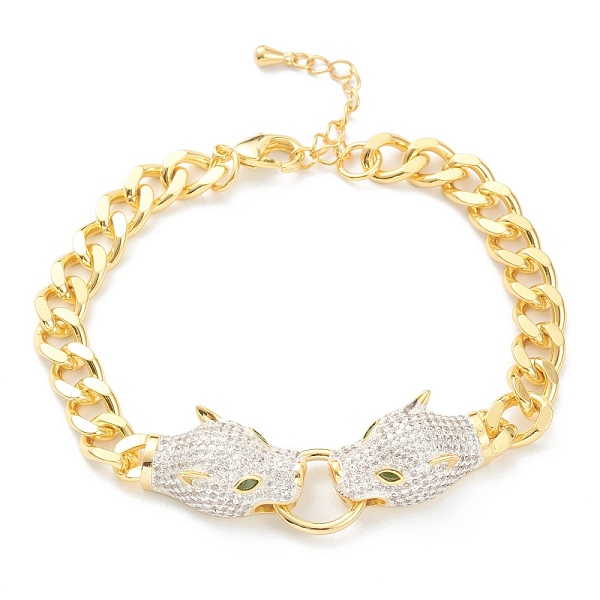 PandaHall Brass Micro Pave Clear Cubic Zirconia Link Bracelets, with Curb Chain, Door Knocker, Leopard Head, Real 18K Gold Plated, 7-1/8...