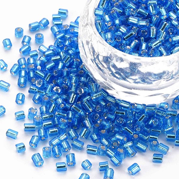

PandaHall 8/0 Glass Bugle Beads, Silver Lined, Dodger Blue, 2.5~3x2.5mm, Hole: 1mm, about 15000pcs/pound Glass
