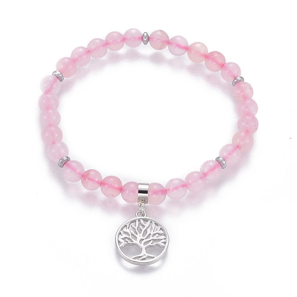 

PandaHall Natural Rose Quartz Charm Bracelets, with Brass Findings, Flat Round with Tree of Life, 2-1/8 inch(5.5cm)~2-1/4 inch(5.6cm), beads...