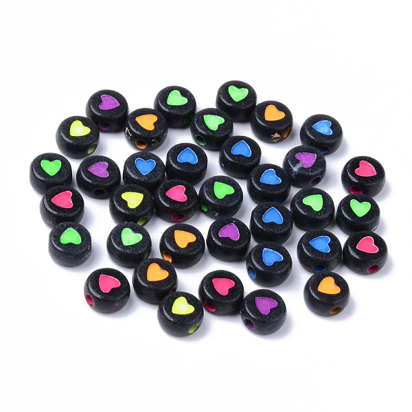

PandaHall Opaque Black Acrylic Beads, Flat Round with Mixed Color Heart, 7x3.5mm, Hole: 1.8mm Acrylic Flat Round Multicolor