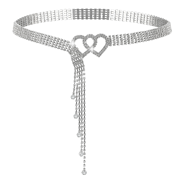 Iron Glass Rhinestone Cup Chain Belt with Brass Heart Buckle