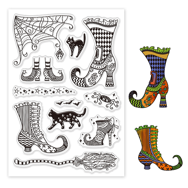 

PandaHall GLOBLELAND Magical Boots Clear Stamps for DIY Scrapbooking Black Cat Witch Silicone Stamp Seals Magic Broom Transparent Stamps for...