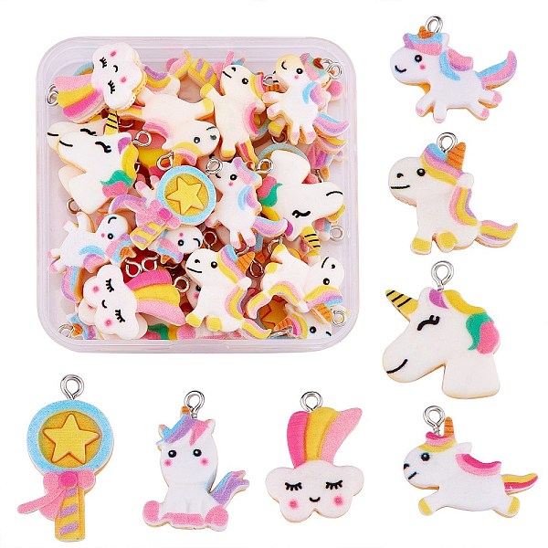 

PandaHall 35Pcs 7 Styles Opaque Resin Pendants, Star & Unicorn & Lollopop Charm, with Platinum Tone Iron Loops, Mixed Shapes, Mixed Color..., Multicolor