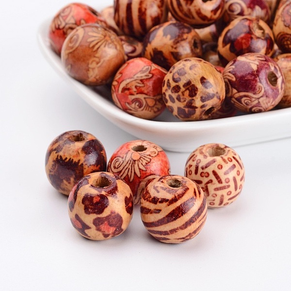 Round Printed Natural Wood Beads