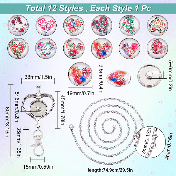 Sunnyclue 1 ボックス 12 個スナップボタンネックレスバッジストラップ女性オフィスバッジストラップフラワー取り外し可能なスナップボタン交換可能なスナップチャームストラップ女性のためのネックレス教師学生ギフト