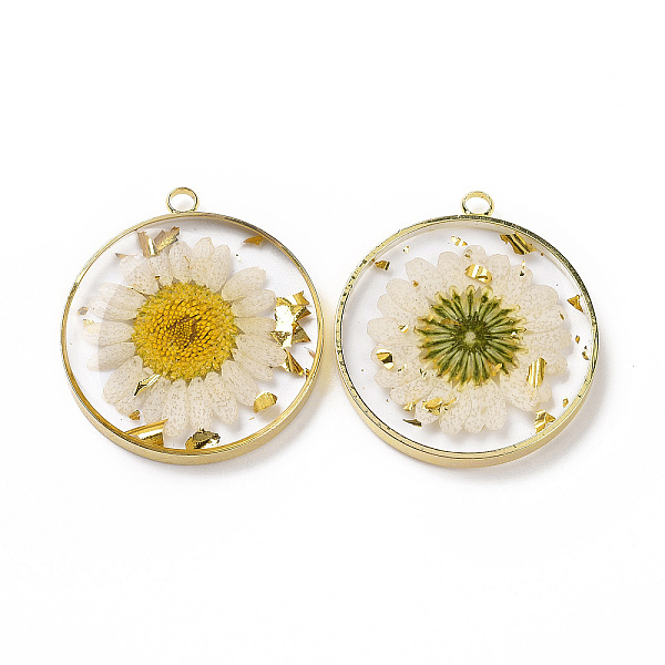 

PandaHall Transparent Clear Epoxy Resin Pendants, with Edge Golden Plated Brass Loops and Gold Foil, Flat Round Charms with Inner Flower...