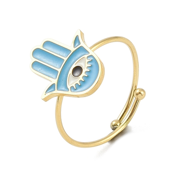 

PandaHall Hamsa Hand with Eye 304 Stainless Steel Enamel Ring, 316 Surgical Stainless Steel Open Cuff Ring for Women, Real 18K Gold Plated...