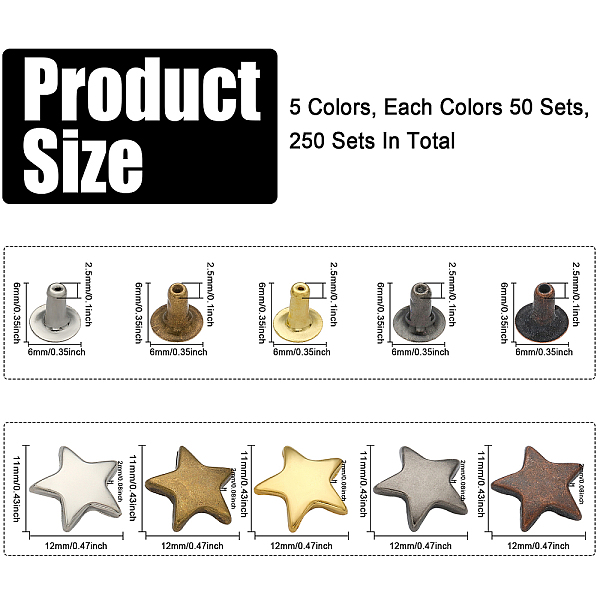 

PandaHall CHGCRAFT 250 Sets 5Colors Star Rivet Cap Iron Leather Semi-Tublar Collision Rivets Star Rivet Fasteners Snap Buttons for DIY...