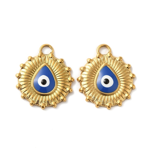 

PandaHall 201 Stainless Steel Enamel Pendants, Flat Round with Teardrop & Evil Eye Charm, Real 18K Gold Plated, 18x15.5x2mm, Hole: 2.2mm..., Blue