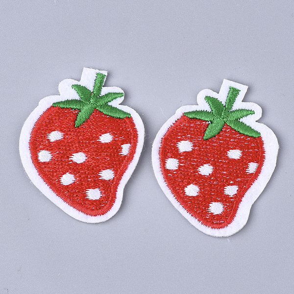 PandaHall Computerized Embroidery Cloth Iron On Patches, Costume Accessories, Appliques, Strawberry, Red, 43x33x1.5mm Cloth Fruit Red