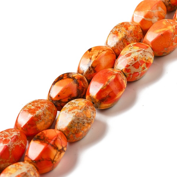 

PandaHall Natural Imperial Jasper Beads Strands, Dyed, Faceted, Oval, Dark Orange, 18x14mm, Hole: 1.8mm, about 22pcs/strand, 15.94''(40.5cm)...