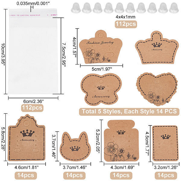 

PandaHall PH 112pcs Earring Cards 8 Style Earring Display Card Kraft Earring Holder Cards with 224pcs Clear Earrings Nuts 112pcs OPP..., Brown