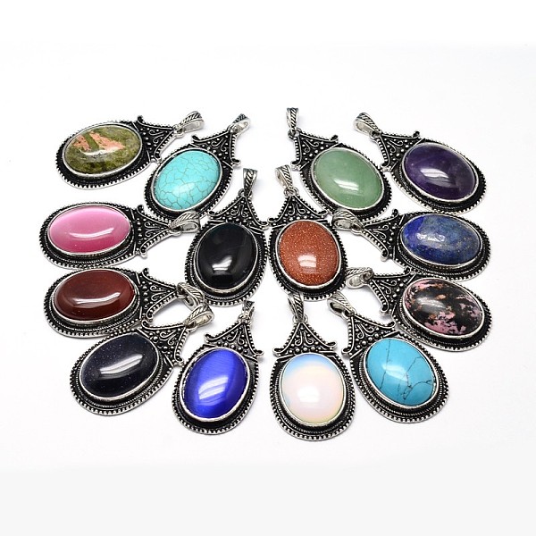 

PandaHall Oval Antique Silver Zinc Alloy Natural & Synthetic Mixed Stone Big Pendants, Nickel Free & Lead Free, 53.5x30x10mm, Hole...
