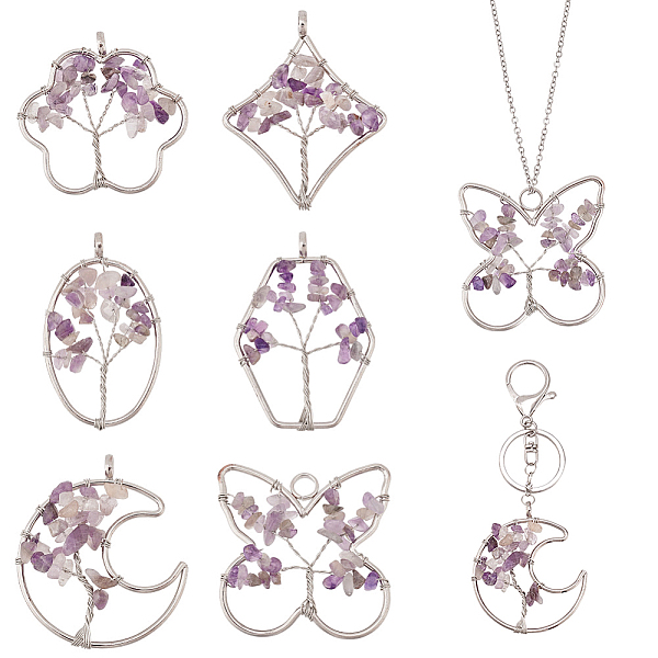 

PandaHall 6Pcs 6 Styles Natural Amethyst Copper Wire Wrapped Chip Big Pendants, Tree of Life Charm, with Platinum Tone Iron Findings...