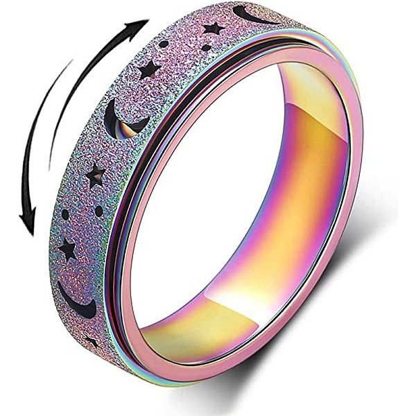 

PandaHall Stainless Steel Moon and Star Rotatable Finger Ring, Spinner Fidget Band Anxiety Stress Relief Ring for Women, Rainbow Color, US...