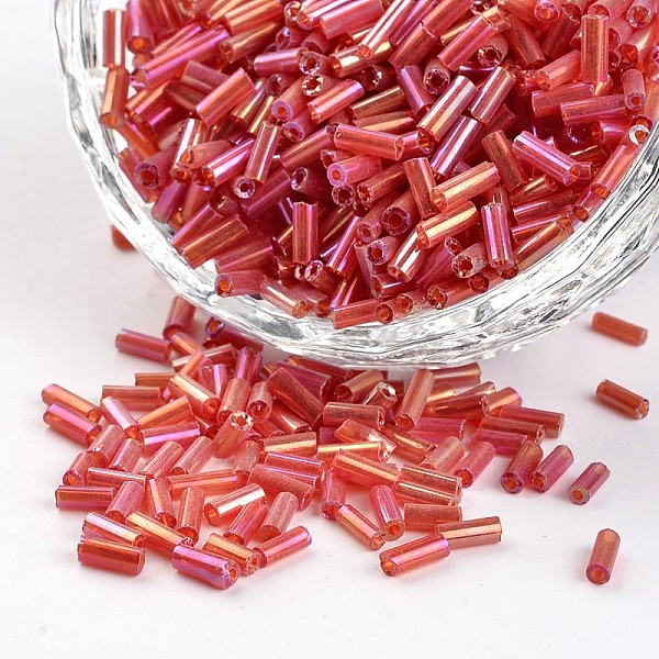 

PandaHall Glass Bugle Beads, Transparent Colours Rainbow, FireBrick, 3~5x1.8~2mm, Hole: 0.8mm, about 12000pcs/450g Glass Red