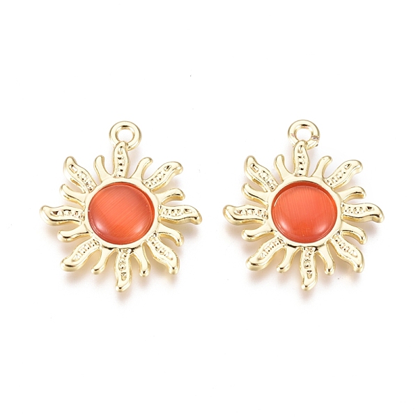 

PandaHall Alloy Cat Eye Pendants, Sun, Golden, Orange Red, 21.5x18.5x3mm, Hole: 1.6mm Alloy+Cat Eye Sun Red