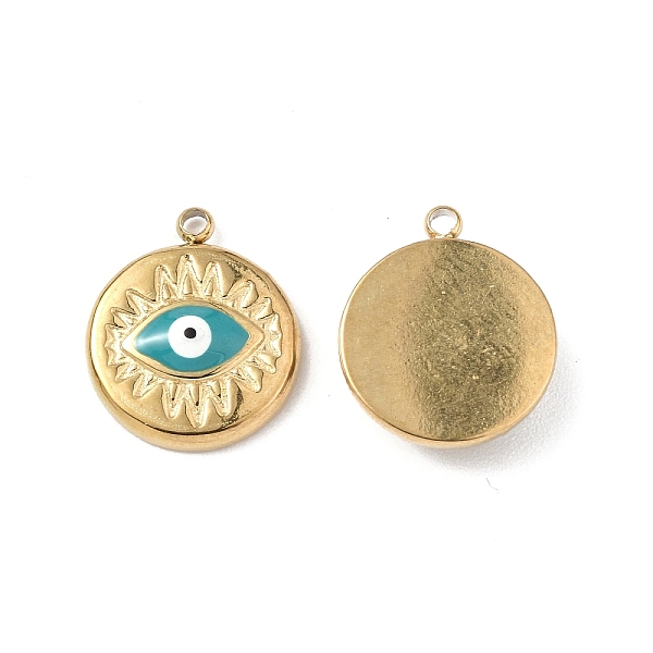 

PandaHall Vacuum Plating 201 Stainless Steel Enamel Pendants, Flat Round with Evil Eye Charm, Real 18K Gold Plated, 12.5x10.5x2.5mm, Hole..., Green