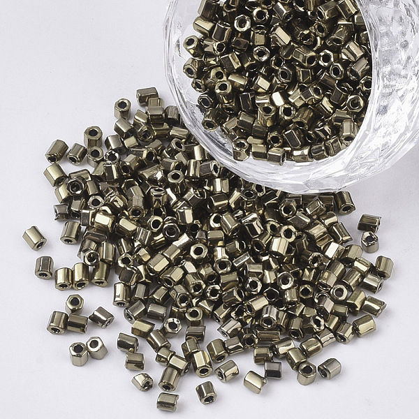 

PandaHall 8/0 Two Cut Glass Seed Beads, Hexagon, Metallic Colours, Dark Khaki, 2.5~3x2.5mm, Hole: 0.9mm, about 15000pcs/bag Glass Yellow
