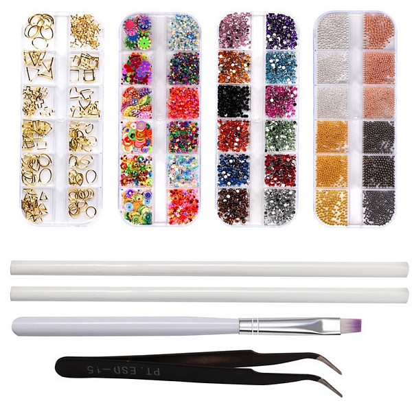 PandaHall Manicure Nail Care Tool Kits, with Sequins & Acrylic Rhinestone & Hollow Rivets & Steel Micro Ball, Stainless Steel Tweezers...