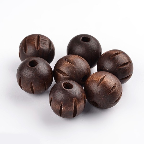 PandaHall Natural Wood Beads, Lead Free, Dyed, with Carved Pattern, Round, Coffee, 25mm, Hole: 5.5mm Wood Round Brown