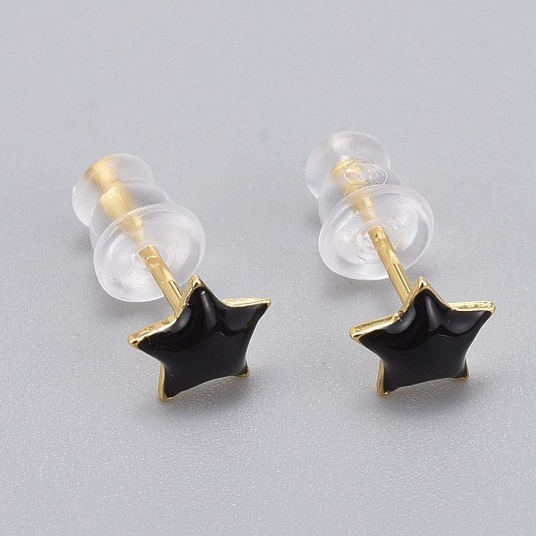 

PandaHall Brass Enamel Stud Earrings, with Plastic Ear Nuts, Long-Lasting Plated, Star, Real 18K Gold Plated, Black, 6x6mm, Pin: 0.8mm Brass...