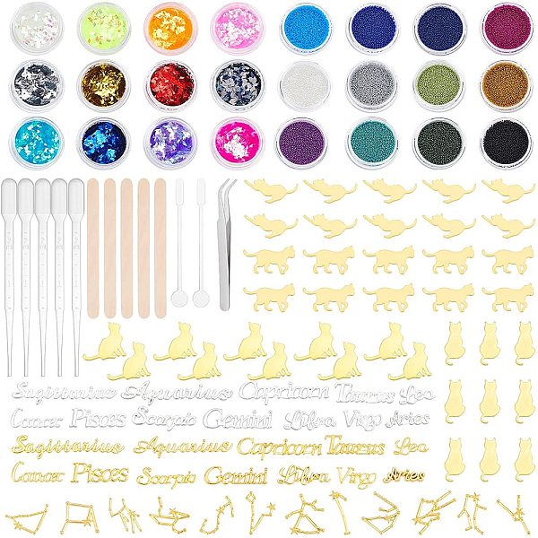 PandaHall ARRICRAFT 113 Pieces DIY Epoxy Resin Crafts Kits, Including Alloy Cabochons, Sequins/Paillette, Glass Beads, Birch Wooden Sticks...