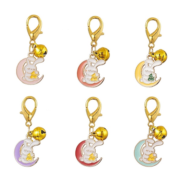 

PandaHall Moon with Rabbit Alloy Enamel Pendant Decoraiton, with Brass Bell Charms and Zinc Alloy Lobster Claw Clasps, Mixed Color, 35mm..., Multicolor