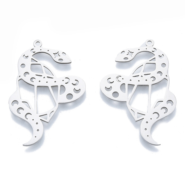 

PandaHall 201 Stainless Steel Pendants, Snake Charm with Moon, Stainless Steel Color, 39x26x1mm, Hole: 1.5mm 201 Stainless Steel Snake