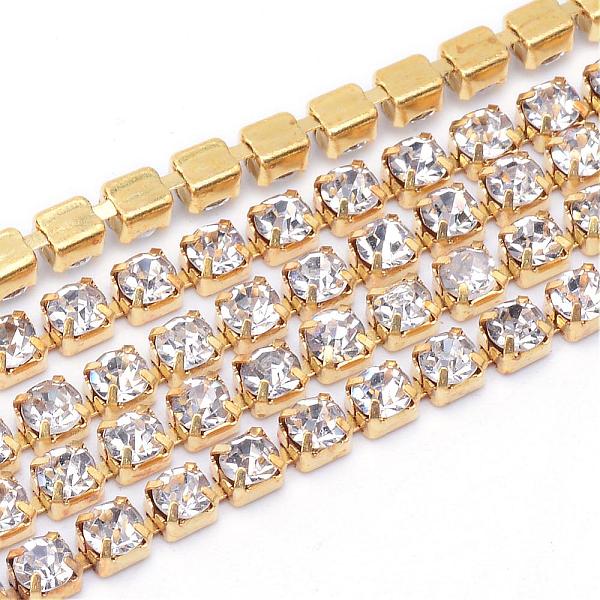 

PandaHall Brass Rhinestone Strass Chains, Rhinestone Cup Chains, Raw(Unplated), Nickel Free, Crystal, 2.6mm, , about 10yards/bundle..., Clear