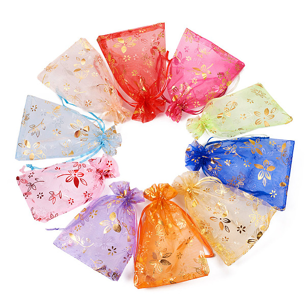 PandaHall 100Pcs 10 Colors Organza Drawstring Jewelry Pouches, Wedding Party Gift Bags, Rectangle with Hot Stamping Flower Pattern, Mixed...