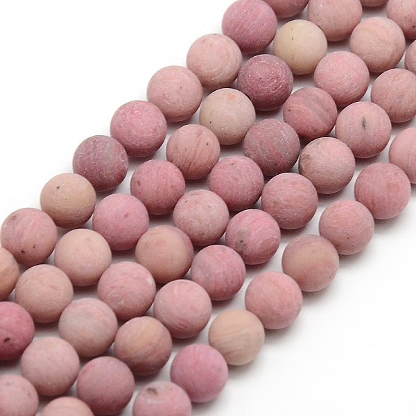 PandaHall Frosted Natural Rhodonite Round Bead Strands, 8mm, Hole: 1mm, about 47~49pcs/strand, 14.9~15.6 inch Rhodonite Round