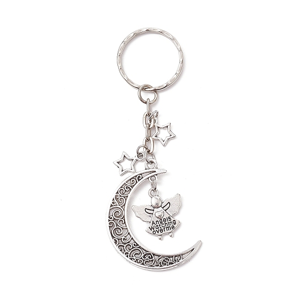 

PandaHall Tibetan Style Alloy Pendants Keychains, with Iron Split Key Rings, Moon with Angel, Antique Silver, 9.1cm Alloy Moon