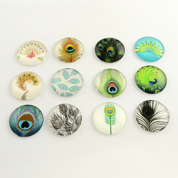 

PandaHall Feather Pattern Flatback Half Round Glass Dome Cabochons, for DIY Projects, Mixed Color, 12x4mm Glass Half Round Multicolor