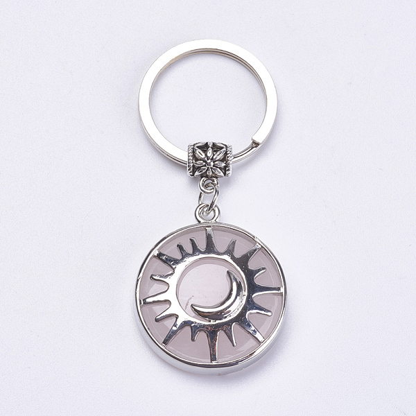 

PandaHall Natural Rose Quartz Keychain, with Brass Finding, Flat Round with Sun & Moon, 64mm Rose Quartz Flat Round Multicolor
