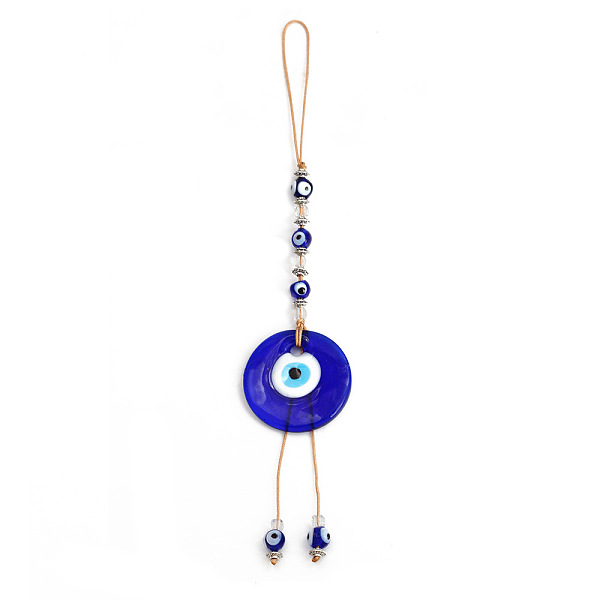 

PandaHall Flat Round with Evil Eye Glass Pendant Decorations, Tassel Hemp Rope Hanging Ornament, Royal Blue, 210mm, Glass Evil Eye
