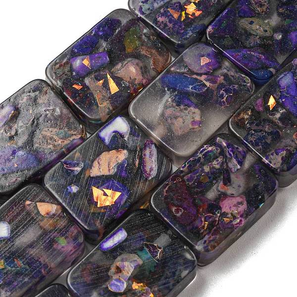 

PandaHall Dyed Natural Imperial Jasper with Resin Beads Strands, Rectangle, Dark Violet, 16x12x6mm, Hole: 1.2mm, about 11pcs/strand, 7.09...