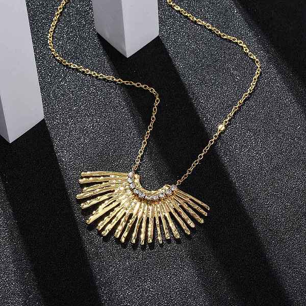 304 Stainless Steel Crystal Rhinestone Fan Pendant Necklaces for Women