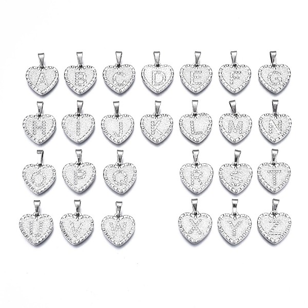 

PandaHall 304 Stainless Steel Pendants, Heart with Alphabet A~Z, Stainless Steel Color, 16x15.5x2mm, Hole: 5.5x2.5mm, about 26pcs/set 304...